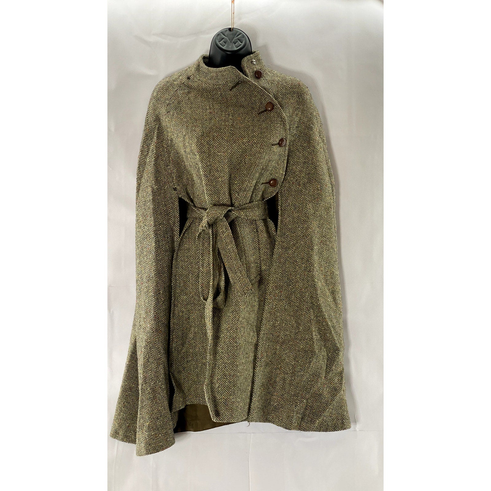 MORIARTY TEXTILES Women's Brown Tweed Wool Asymmetrical Belted Poncho Coat SZ M