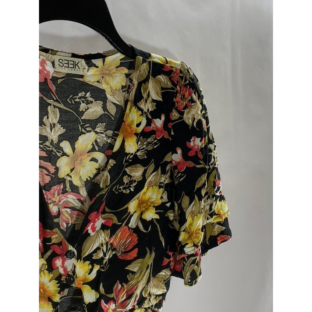SEEK THE LABEL Women's Black Floral Tie-Front Tiered Short Sleeve Crop Top SZ XS