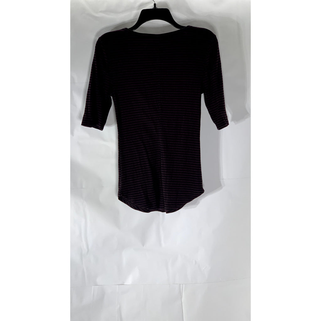 WE THE FREE Women’s Purple-Black Striped V-Neck Lace-Up 3/4 Sleeve Top SZ M