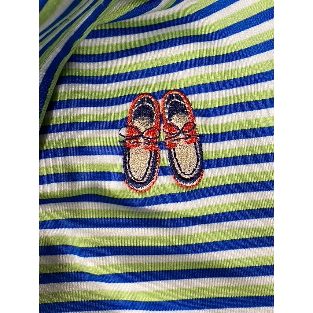 LANDS' END Men's Green/Blue Striped Shoe Graphic Short Sleeve Polo SZ M