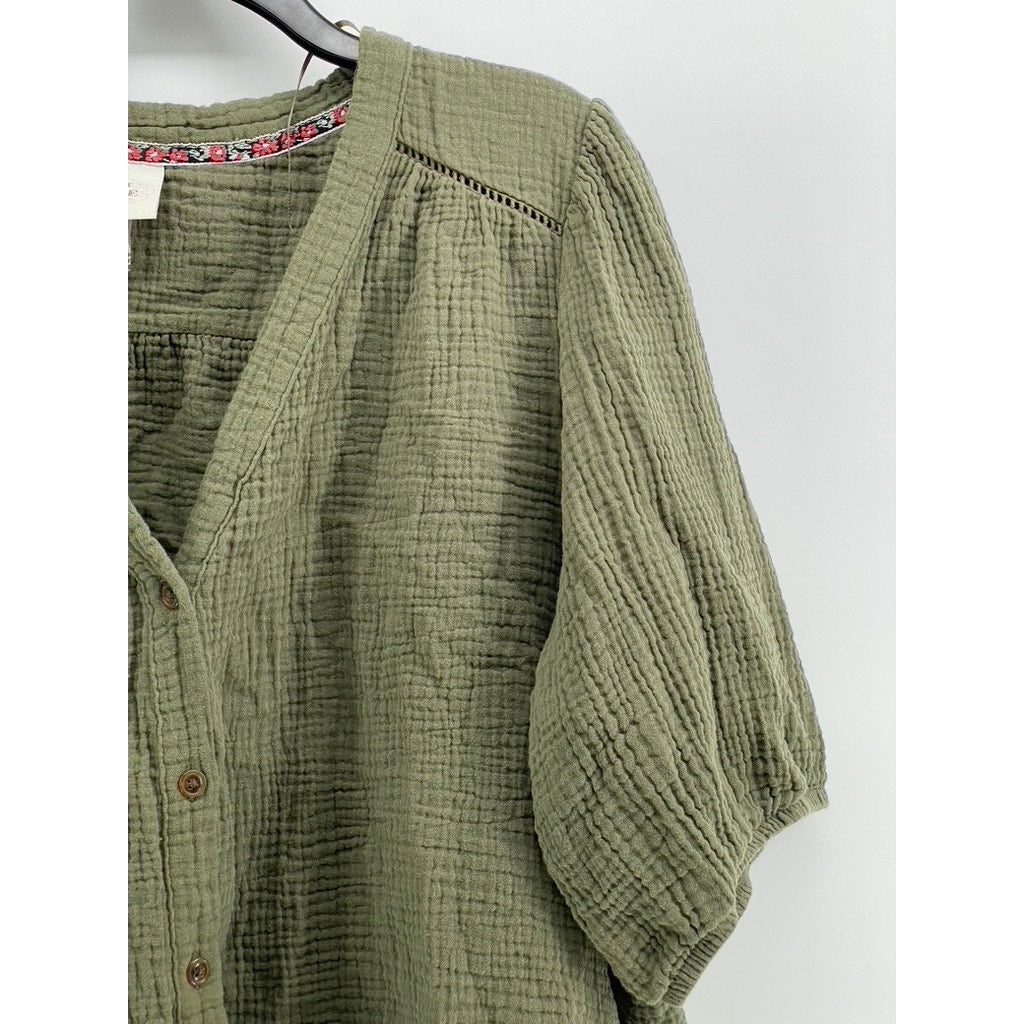KNOX ROSE Women's Olive Green Gauze Elbow Sleeve Button-Up Top SZ 2XL