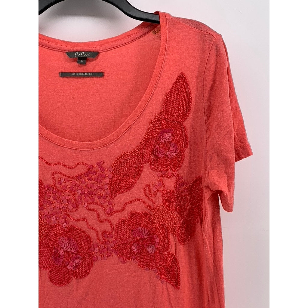 POPURI Women's Orange Hand Embellished Floral Short Sleeve Top SZ L
