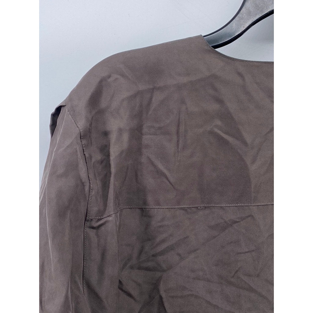 UNBRANDED Women's Brown Button-Up Collarless Long Sleeve Blouse SZ L
