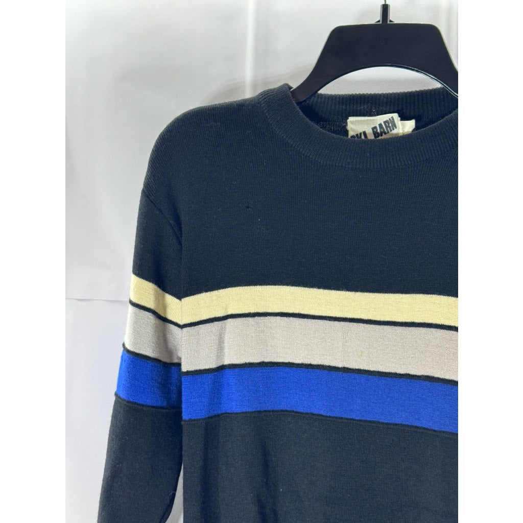 SKI BARN Men's Black/Blue/Beige Striped Crewneck Wool Pullover Sweater SZ S