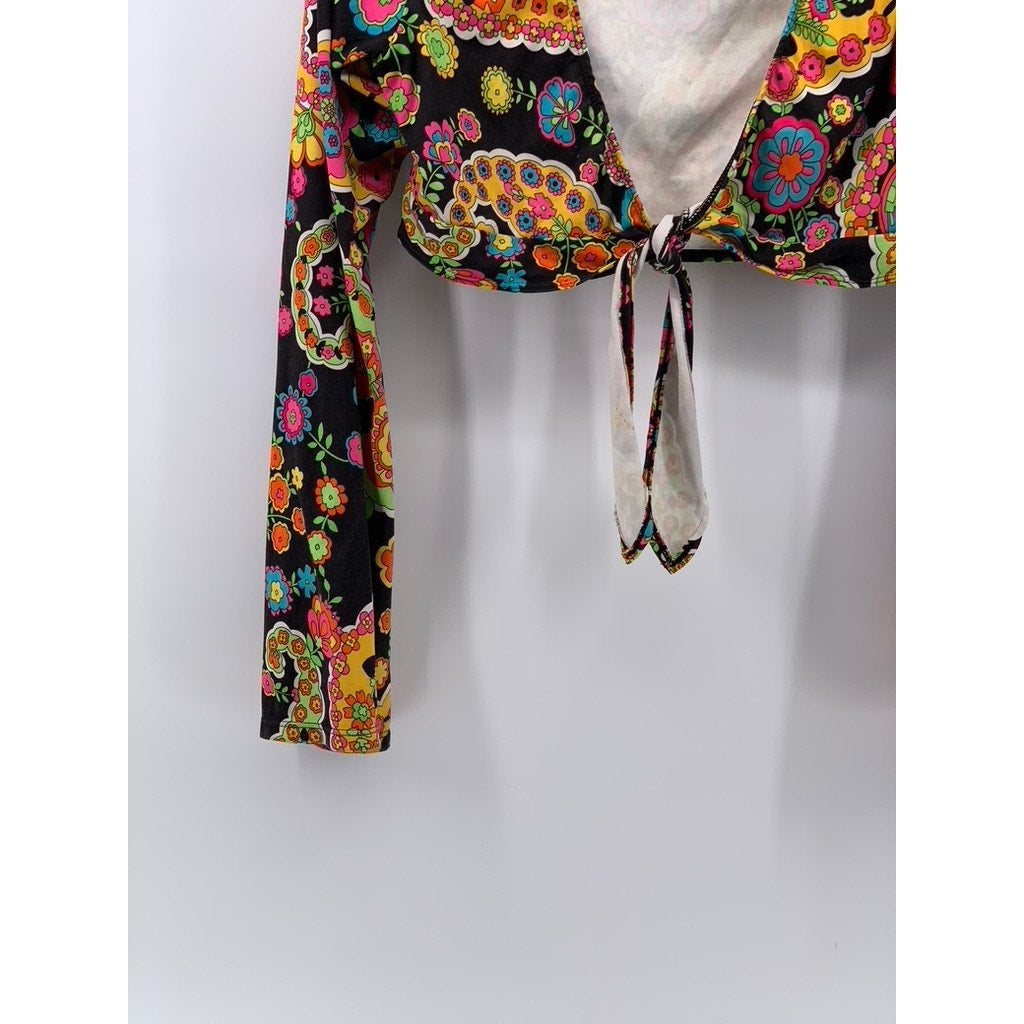 LEG AVENUE Women’s Black-Multi Paisley Retro Long Sleeve Crop Top SZ M/L