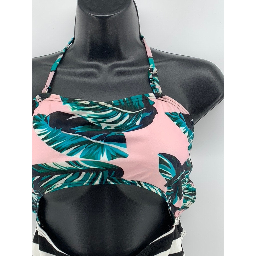 UNBRANDED Women's Multi Striped Tropical Cutout One-Piece Swimsuit SZ S