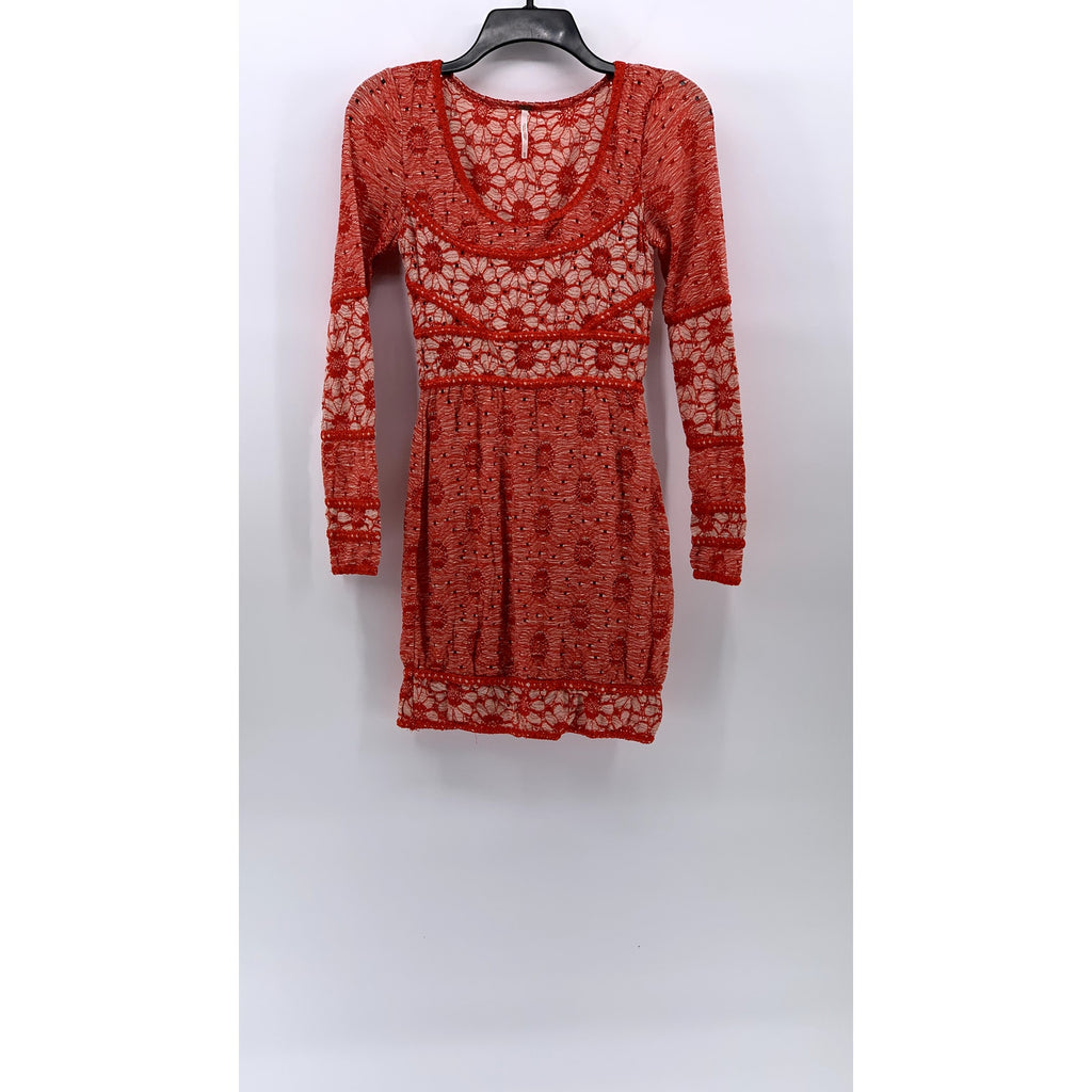 FREE PEOPLE Women's Red-Beige Floral Lace Long Sleeve Scoop-Neck Mini Dress SZXS