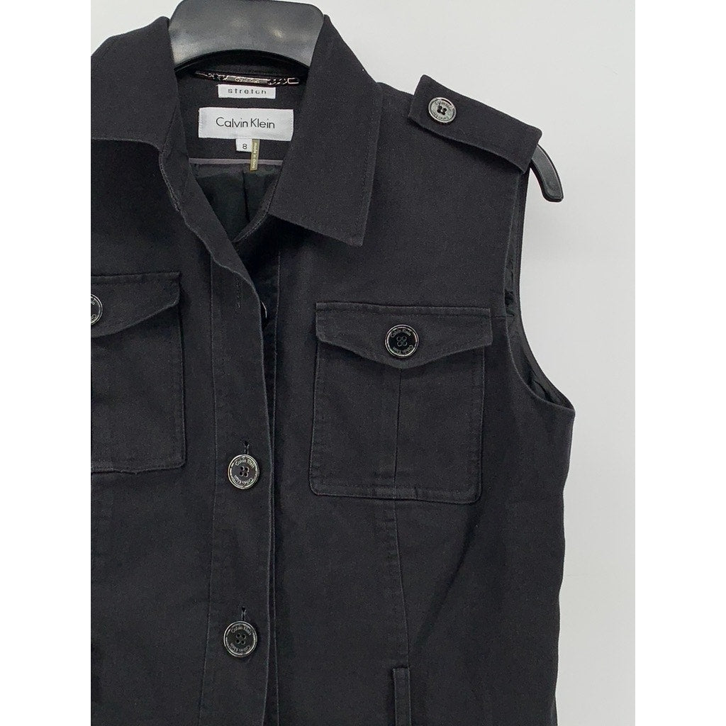 CALVIN KLEIN Women's Black Stretch Button-Up Sleeveless Top SZ 8
