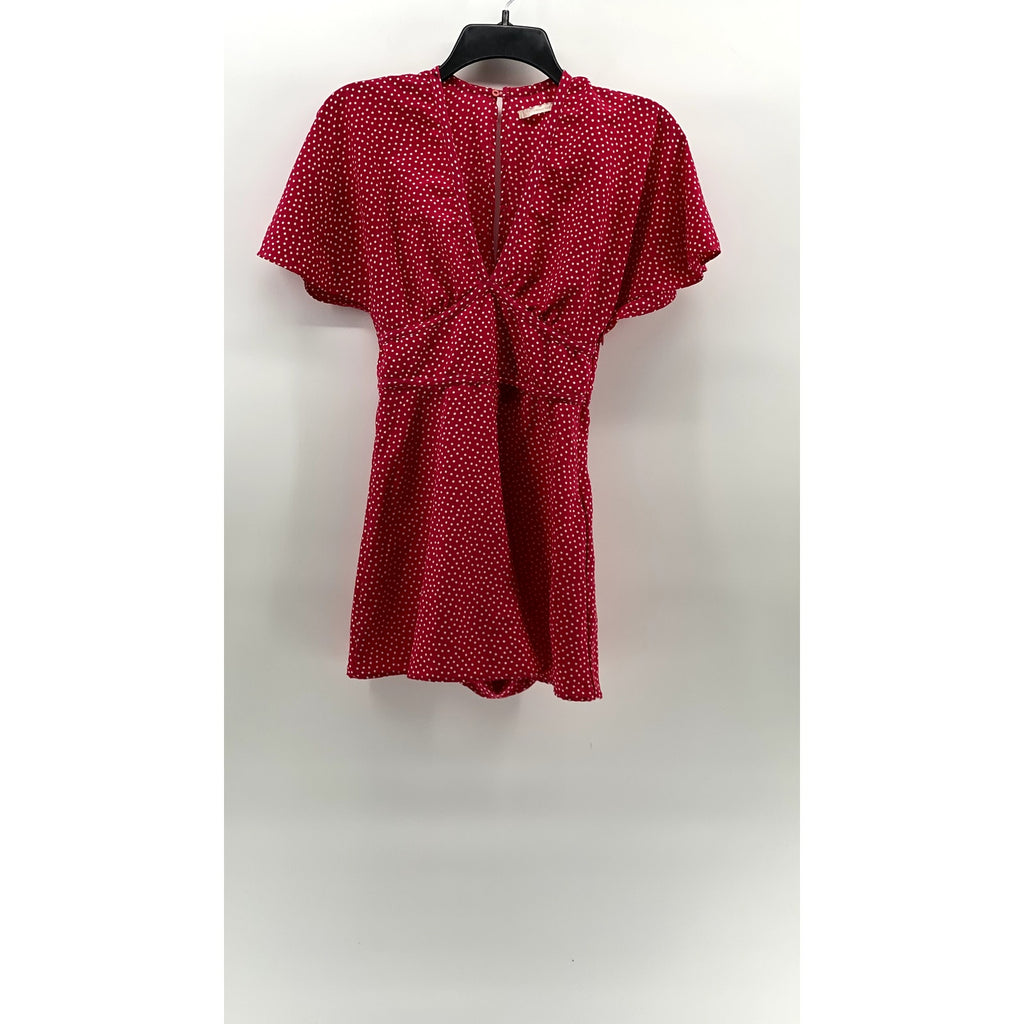 ZARA TRAFALUC Women's Pink-White Polka Dot V-Neck Flare Short Sleeve Romper SZXS