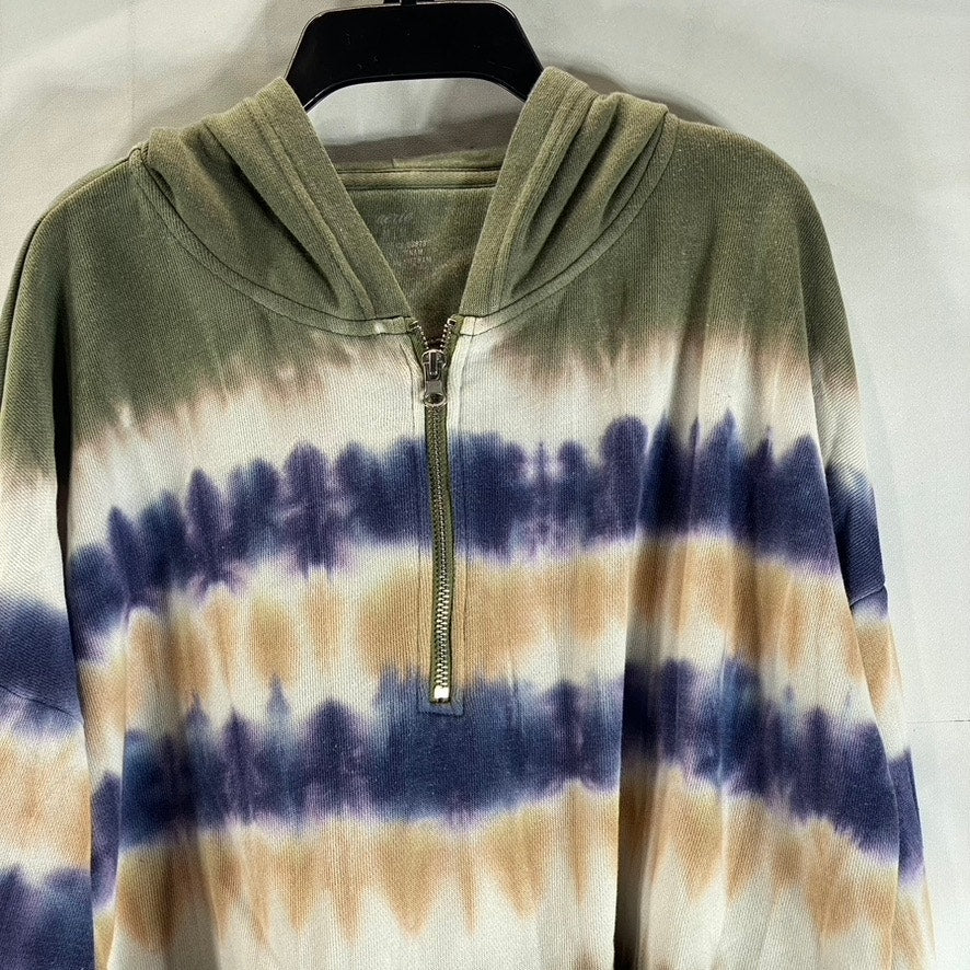 AERIE Women's Green Tie-Dye Quarter-Zip Hooded Cropped Pullover Sweater SZ M