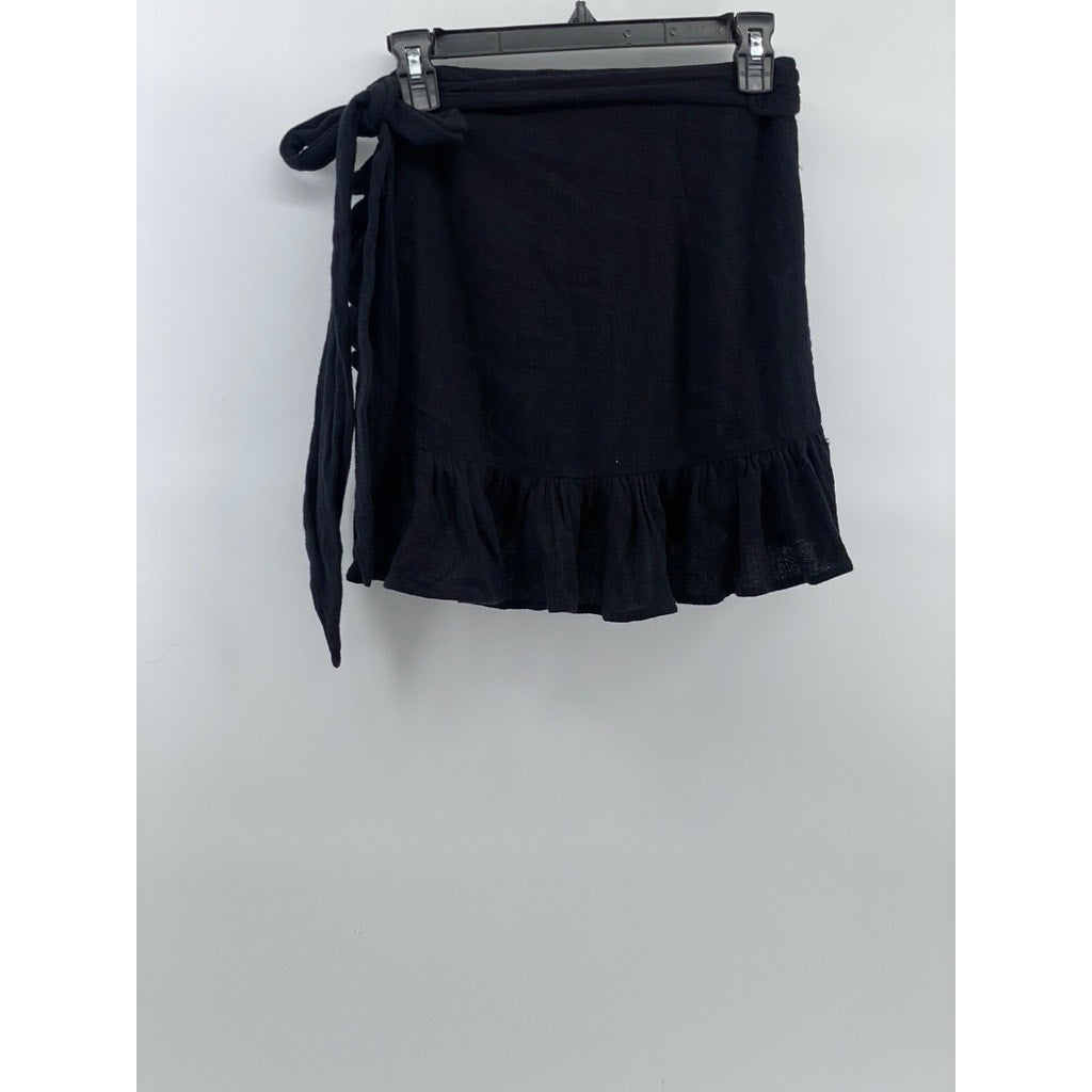 ZARA Women's Black Knit Ruffle-Trim Wrap Mini Skirt SZ XS