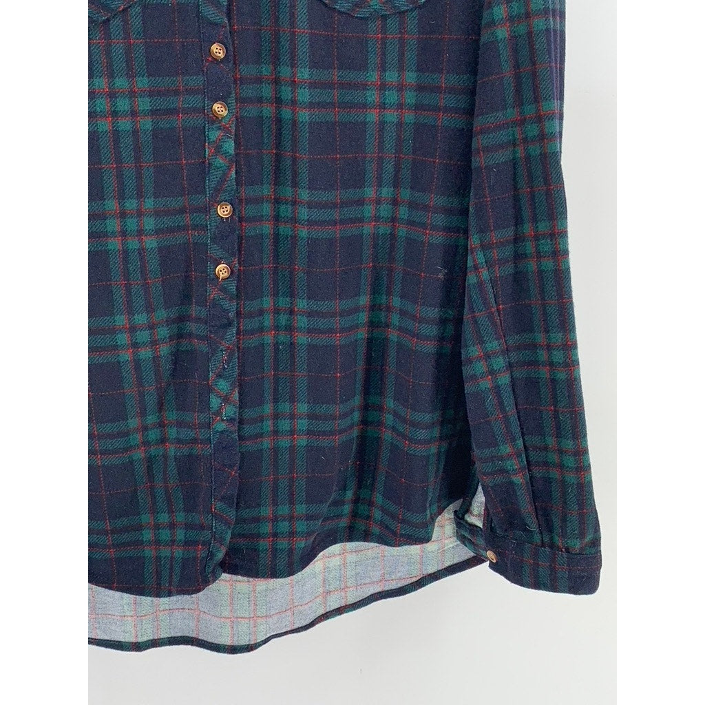 EDEN & OLIVIA Women's Navy-Green Plaid Button-Up Long Sleeve Top SZ L
