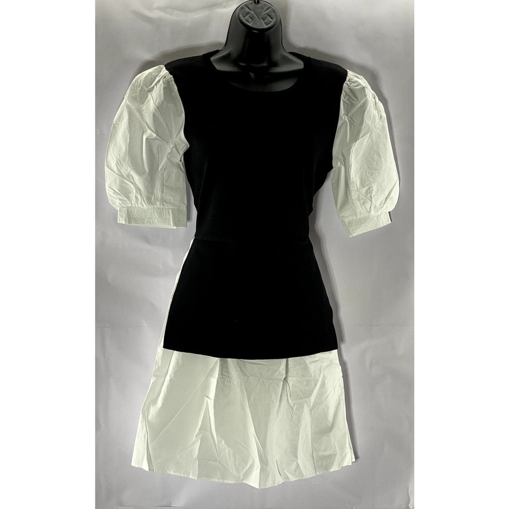 ENGLISH FACTORY Women's Black/White Short Puff Sleeve Poplin Mini Dress SZ L