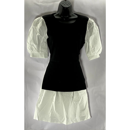 ENGLISH FACTORY Women's Black/White Short Puff Sleeve Poplin Mini Dress SZ L