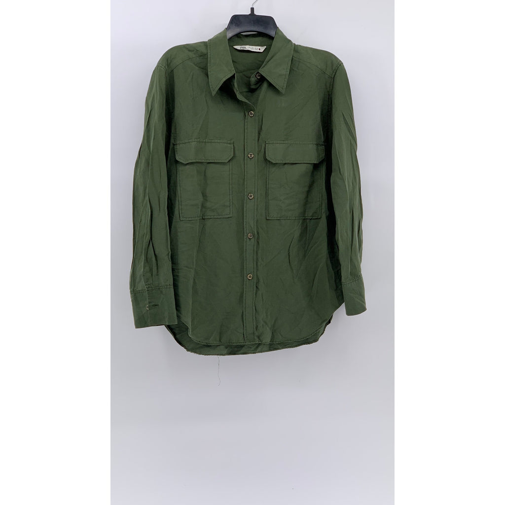 ZARA Women's Olive Green Button-Up Long Sleeve Regular-Fit Top SZ L