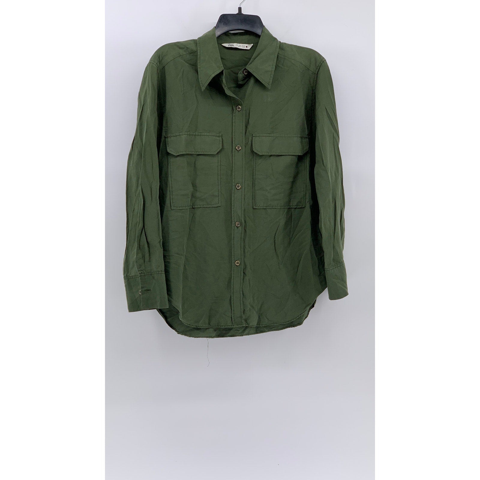 ZARA Women's Olive Green Button-Up Long Sleeve Regular-Fit Top SZ L