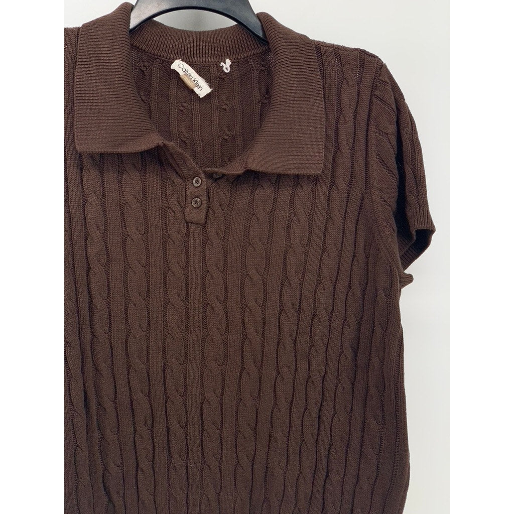 CALVIN KLEIN Men's Brown Cable Knit Short Sleeve Pullover Polo Shirt SZ L