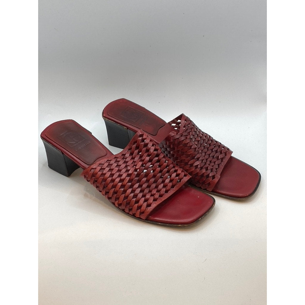 COLE HAAN Women's Red Leather Woven Square Open-Toe Block Heel Sandals SZ 8.5