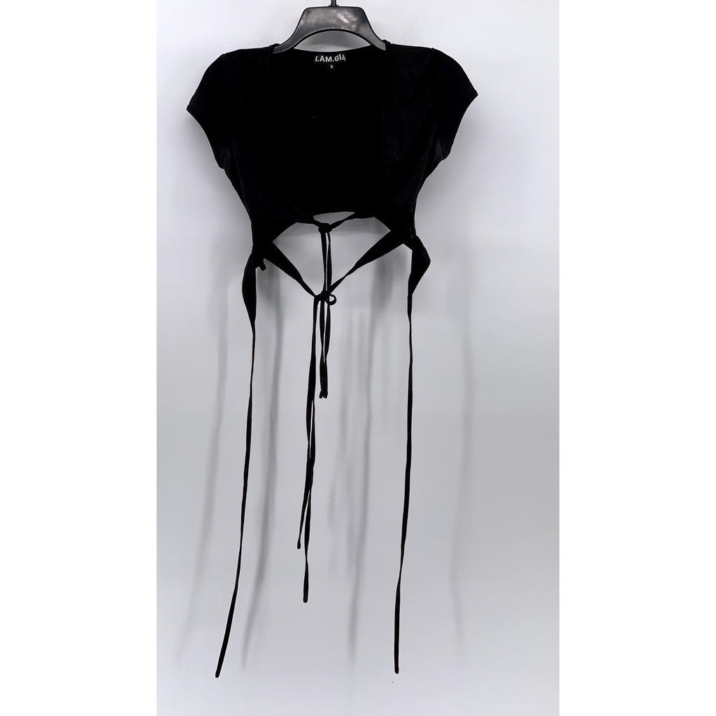 I.AM.GIA Women's Black V-Neck Cutout Wrap Short Sleeve Crop Top SZ S