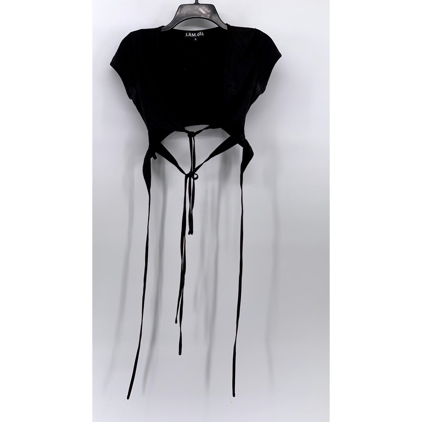 I.AM.GIA Women's Black V-Neck Cutout Wrap Short Sleeve Crop Top SZ S