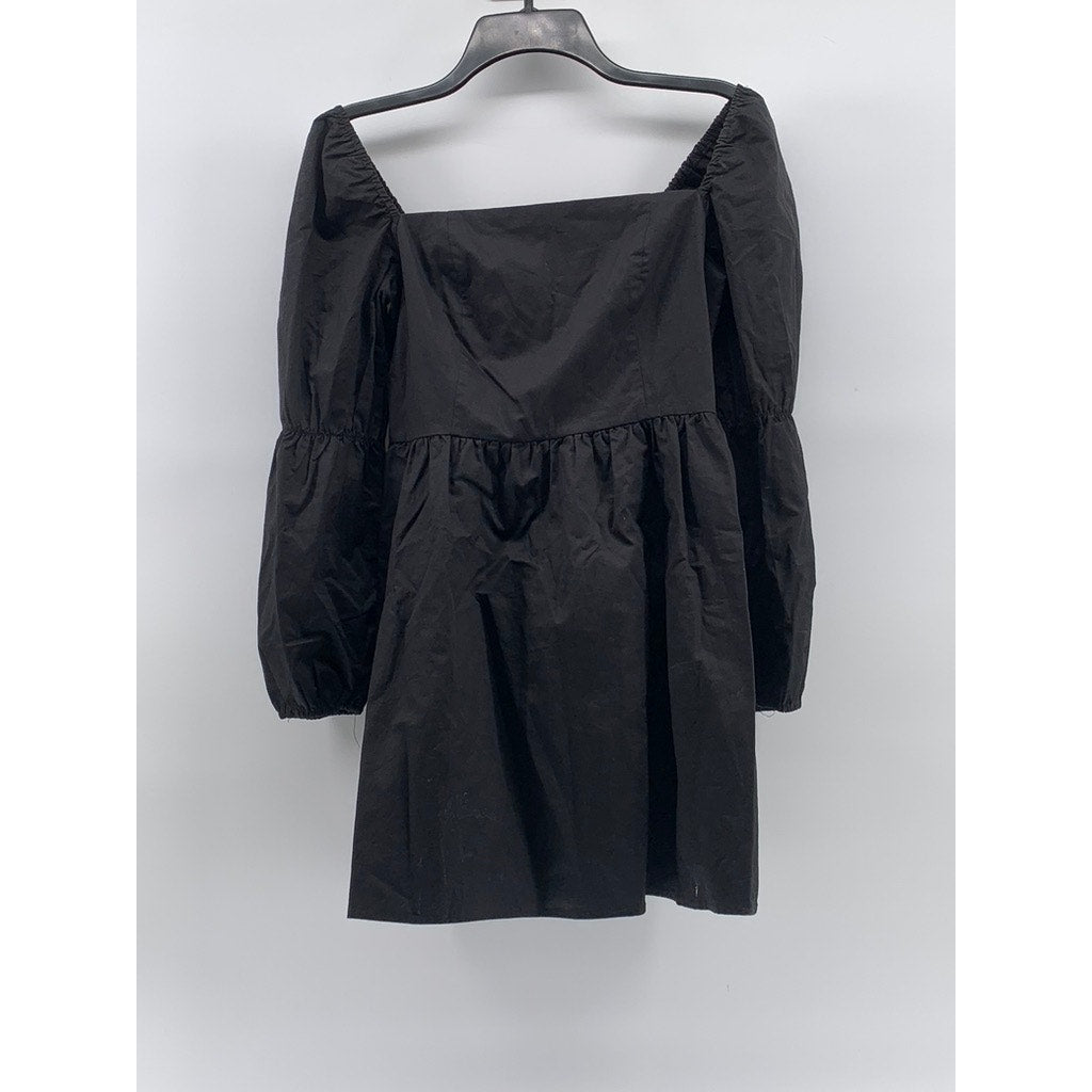 LINYI STUDIO Women's Black Solid Straight-Neck Puff-Sleeve A-Line Mini Dress SZL