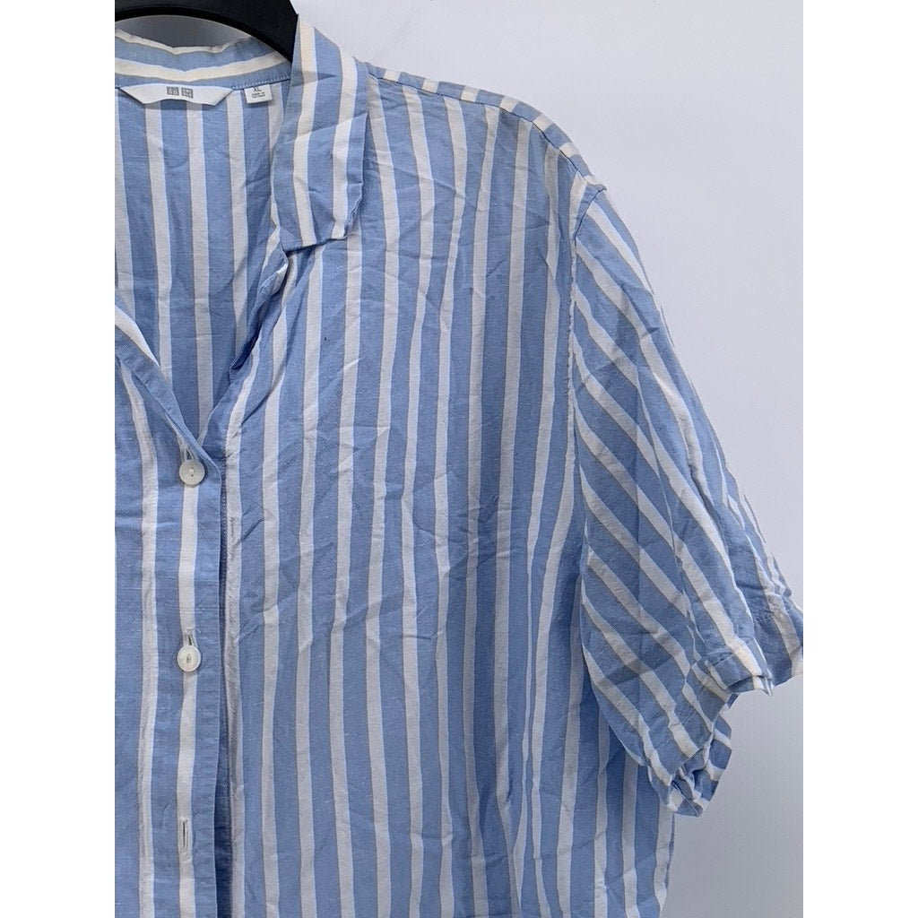 UNIQLO Women's Blue-White Striped Linen-Blend Button-Up Open-Collar Top SZ XL