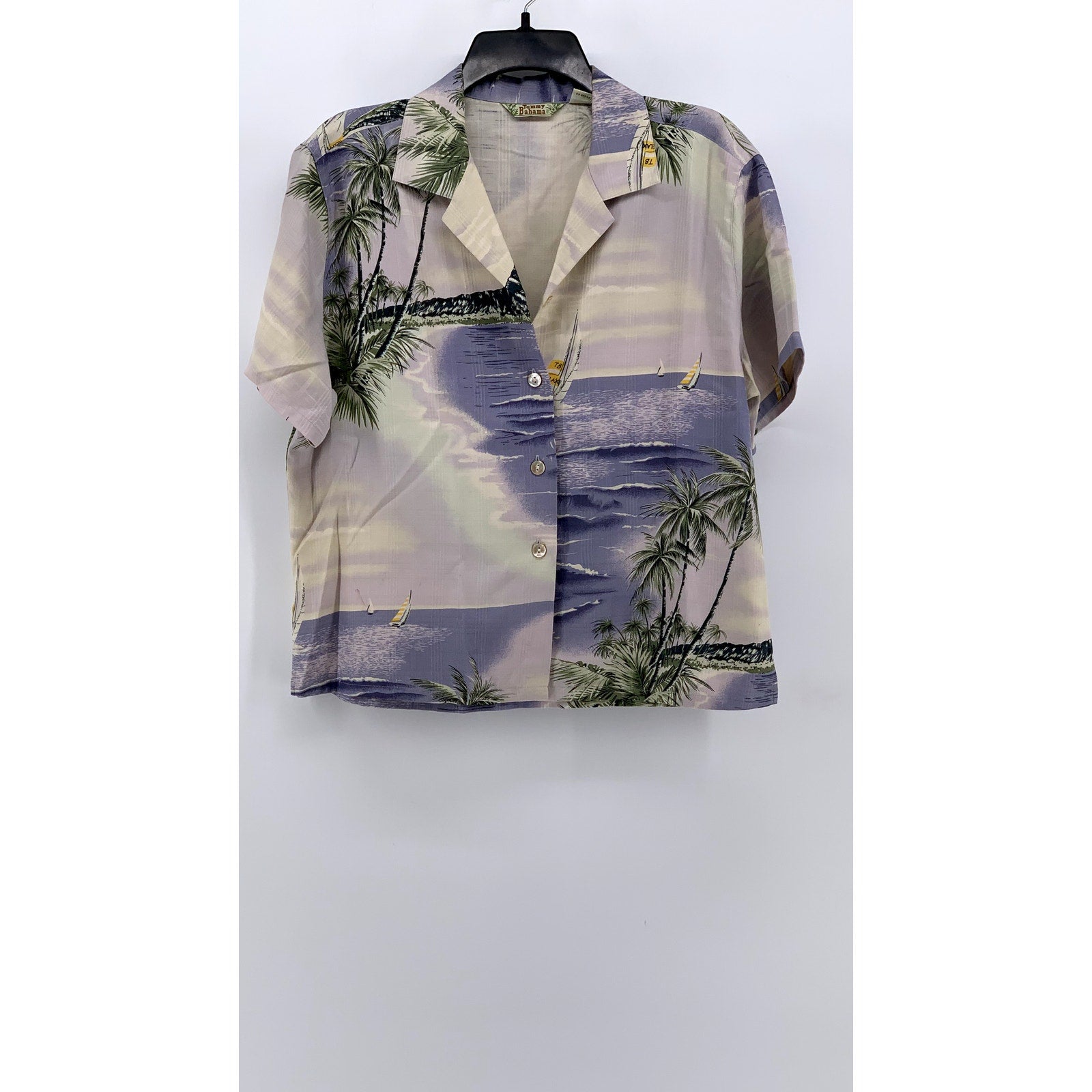 TOMMY BAHAMA Women's Blue Vintage Tropical Button-Up Silk Top SZ L