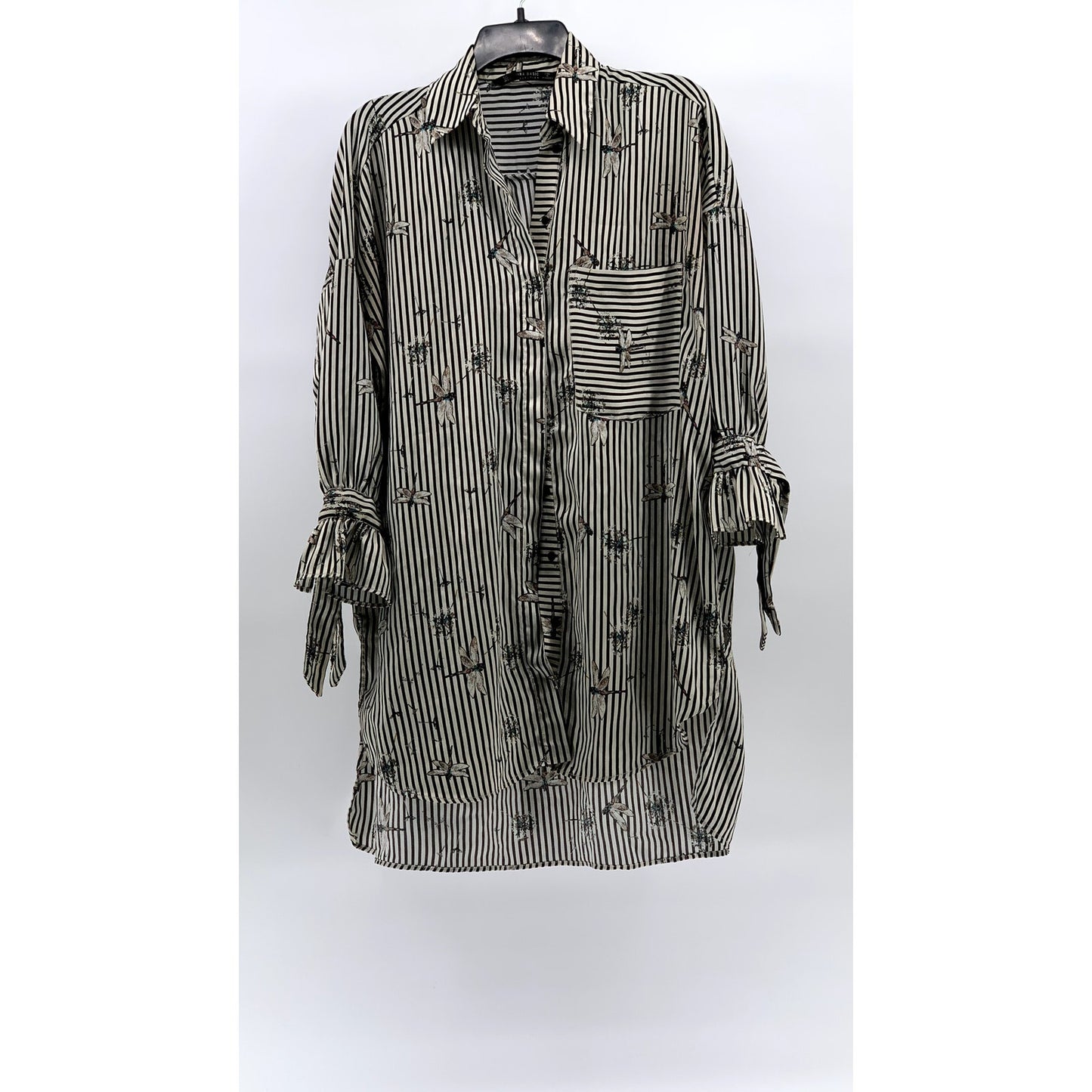 ZARA Women’s Black-Gray Striped Dragonfly Button-Up Long Sleeve Tunic Top SZ S