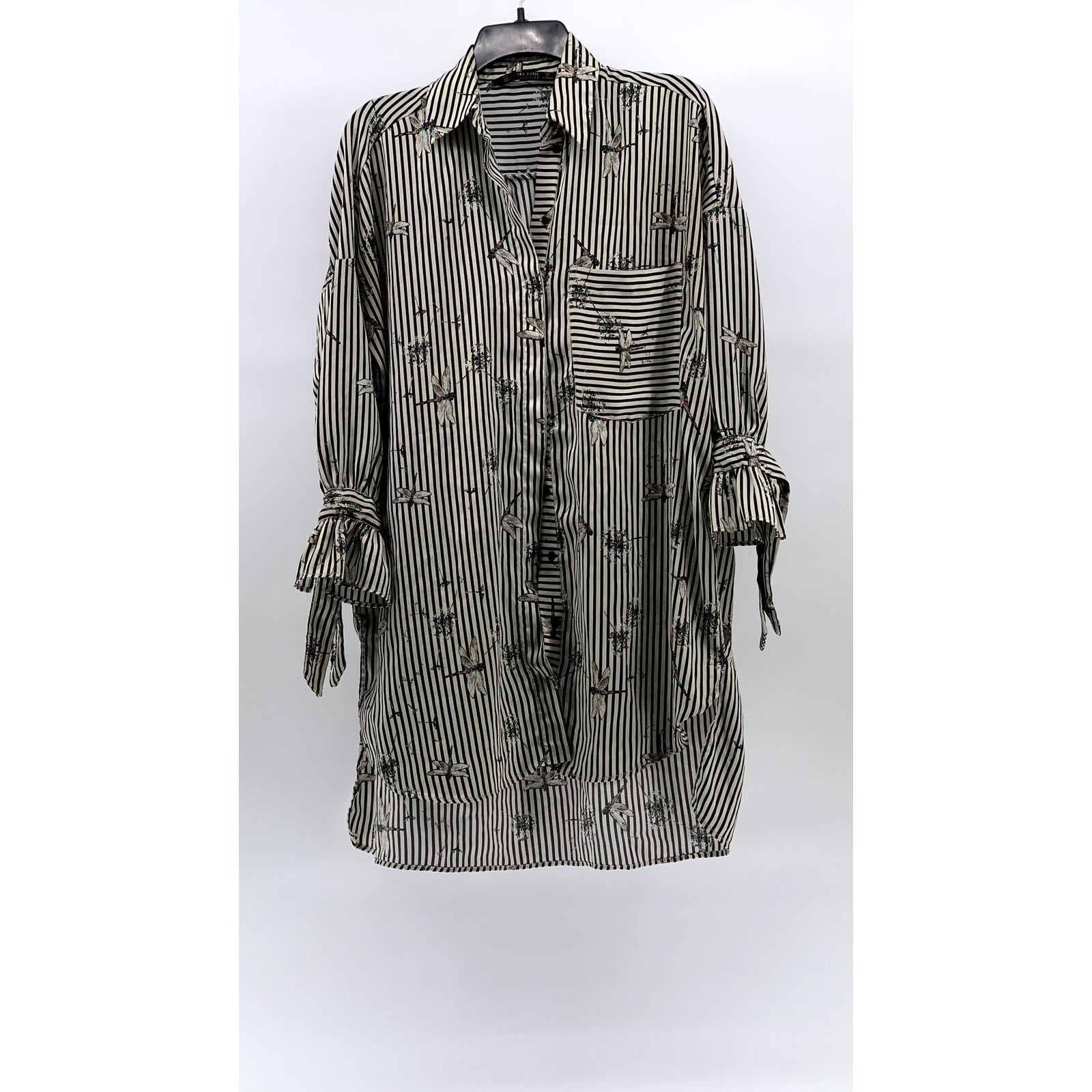 ZARA Women’s Black-Gray Striped Dragonfly Button-Up Long Sleeve Tunic Top SZ S