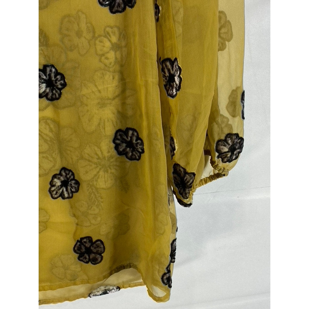 FOR LOVE & LEMONS Women's Mustard Heather Velvet Floral Mesh Mini Dress SZ S