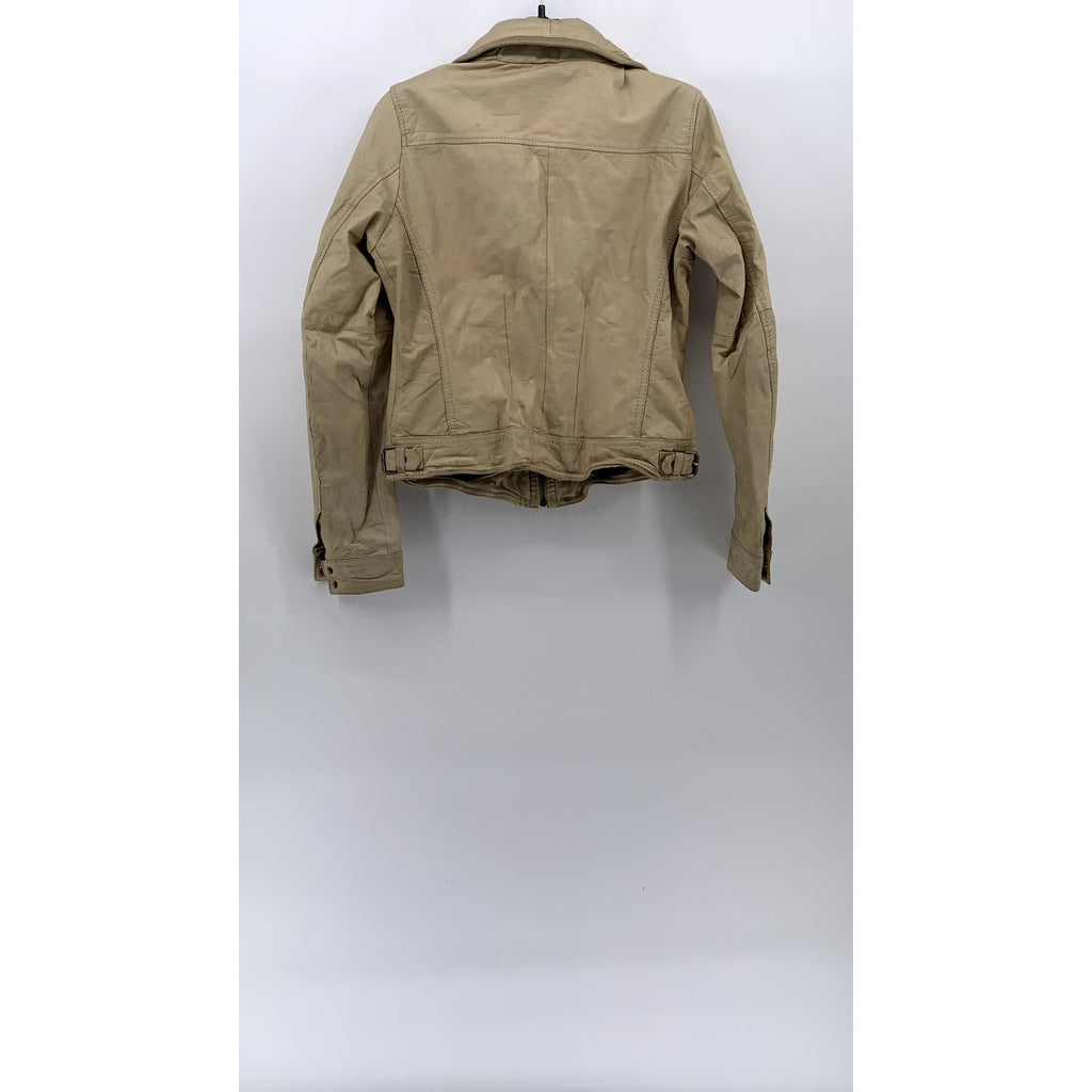 BERSHKA Women's Tan Cow Leather Zip-Up Buckle-Neck Long Sleeve Jacket SZ L
