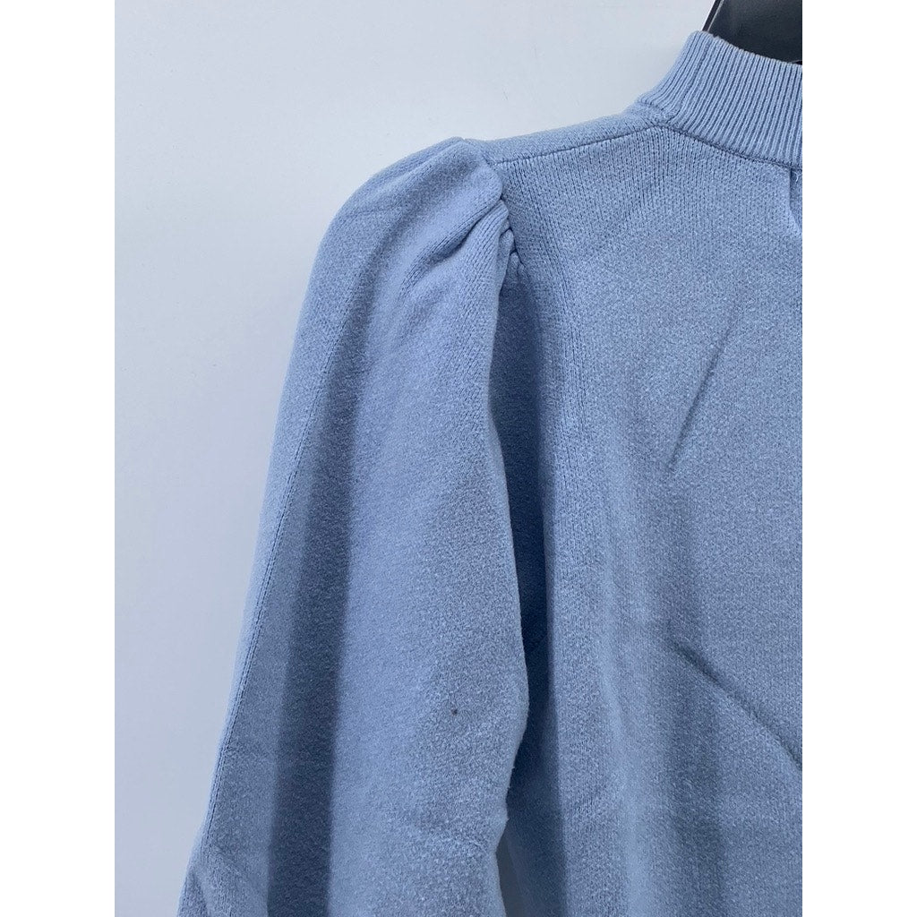 INDUSTRY Women's Vintage Blue Knit Mock-Neck Long Puff Sleeve Sweater SZ M