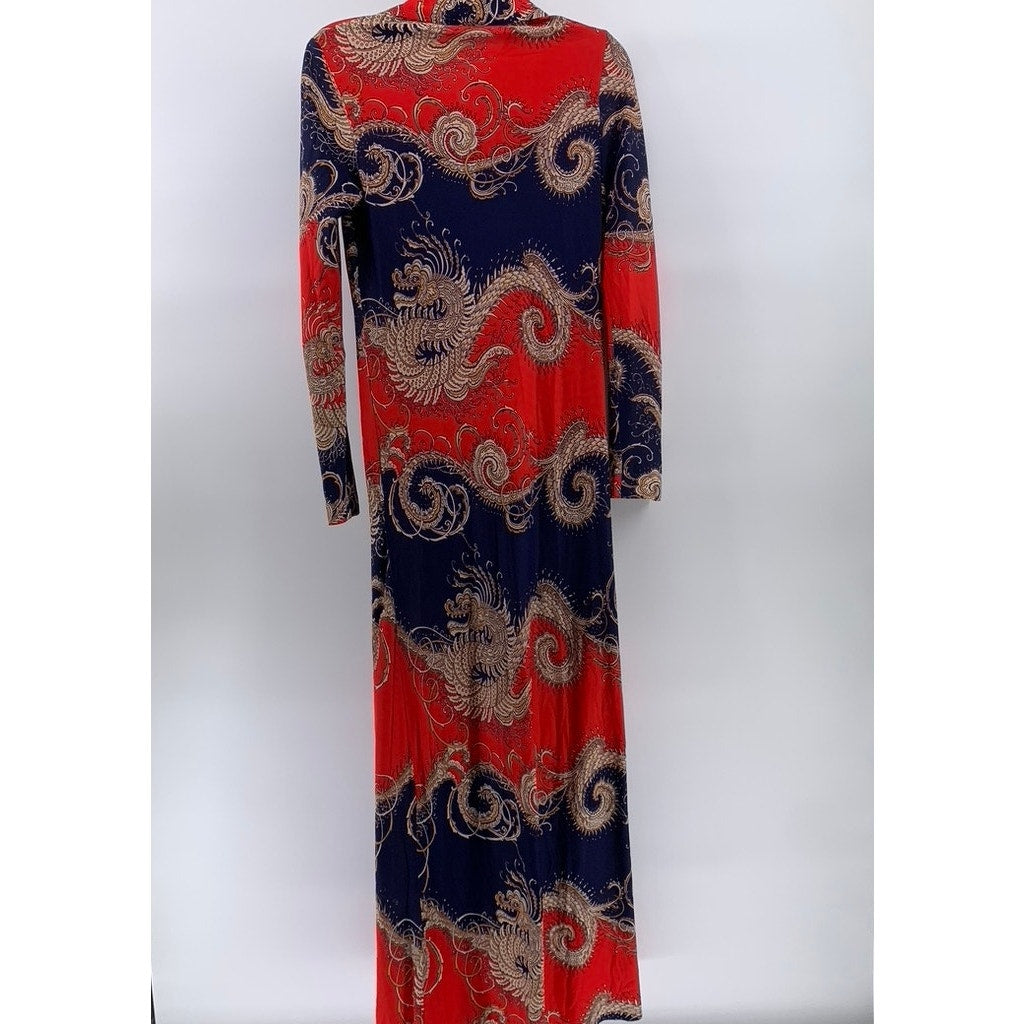 RICHARD SHOPS Women's Red-Navy Dragon Print Henley Long Sleeve Maxi Dress SZ 14