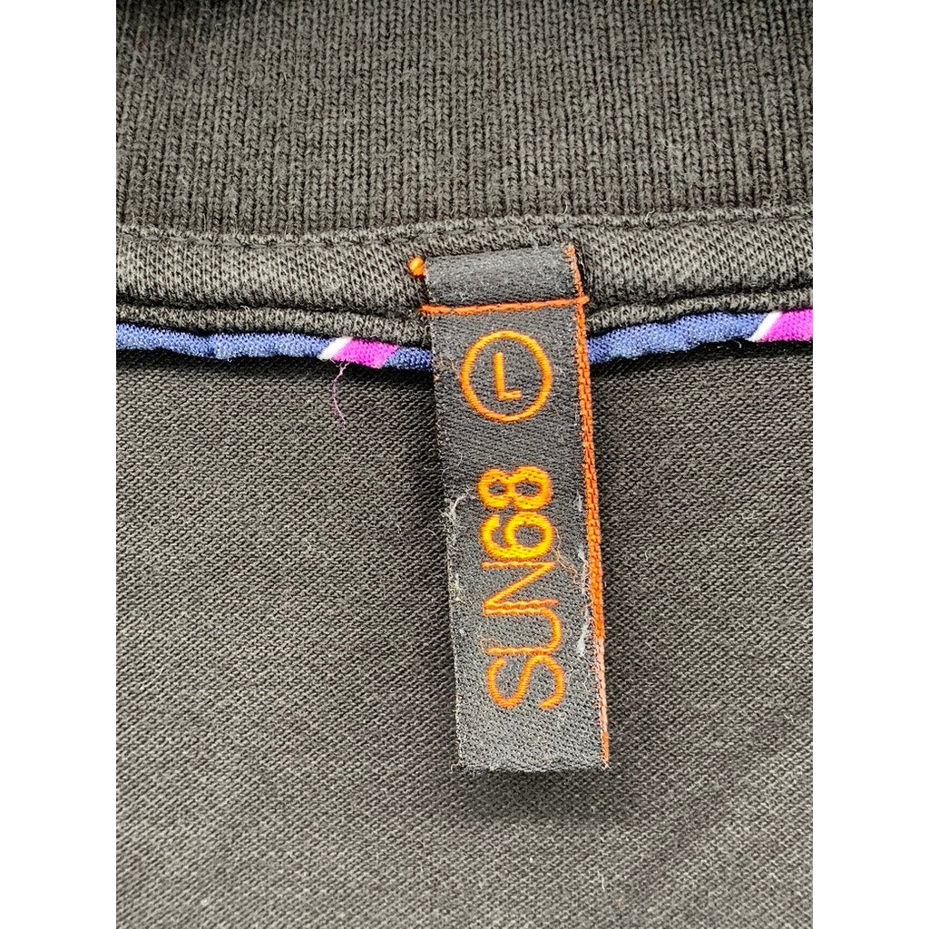 SUN68 Men's Black Textured Casual Long Sleeve Polo Shirt SZ L