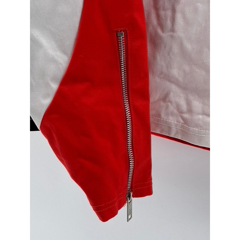 BOOHOOMAN Men's White-Red-Black Boxy Twill Funnel Neck Moto Jacket SZ XS