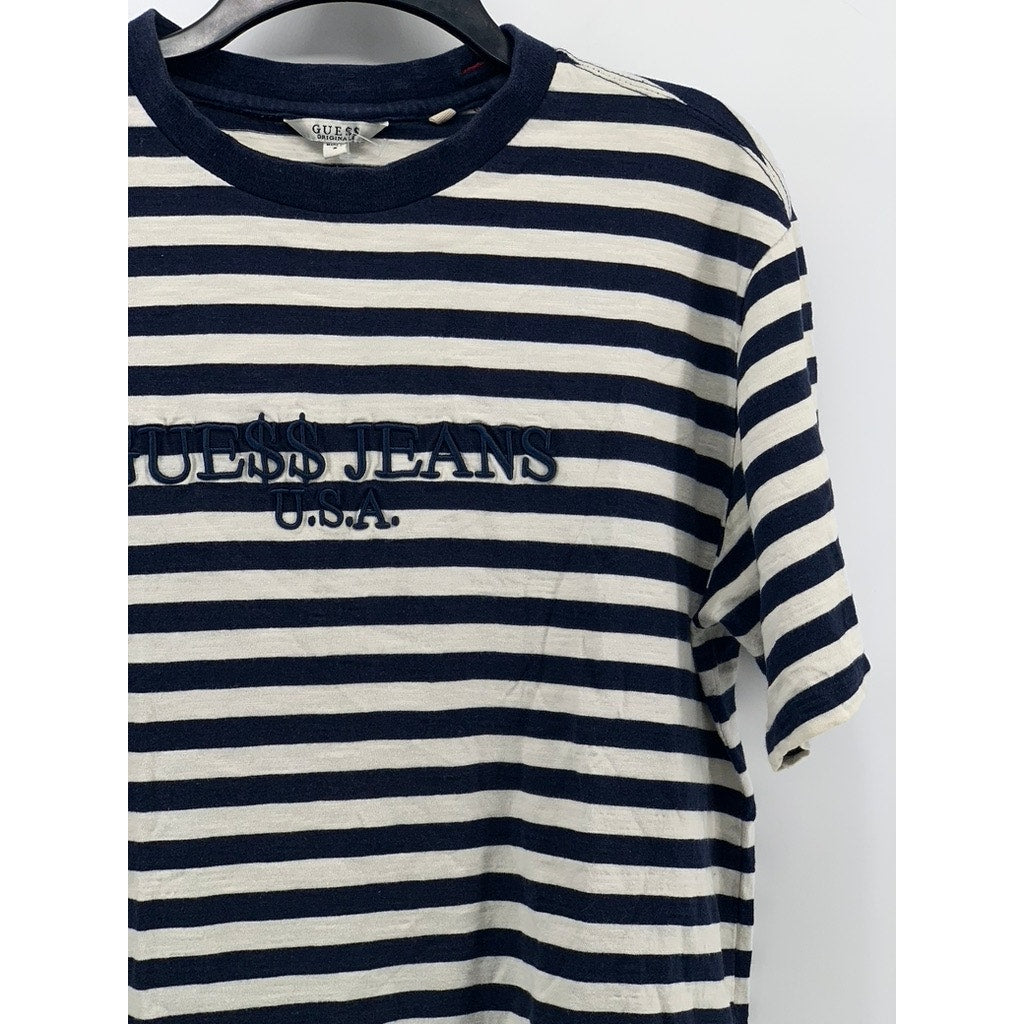 GUESS Men's Navy-White Striped Embroidered Short Sleeve T-Shirt SZ S