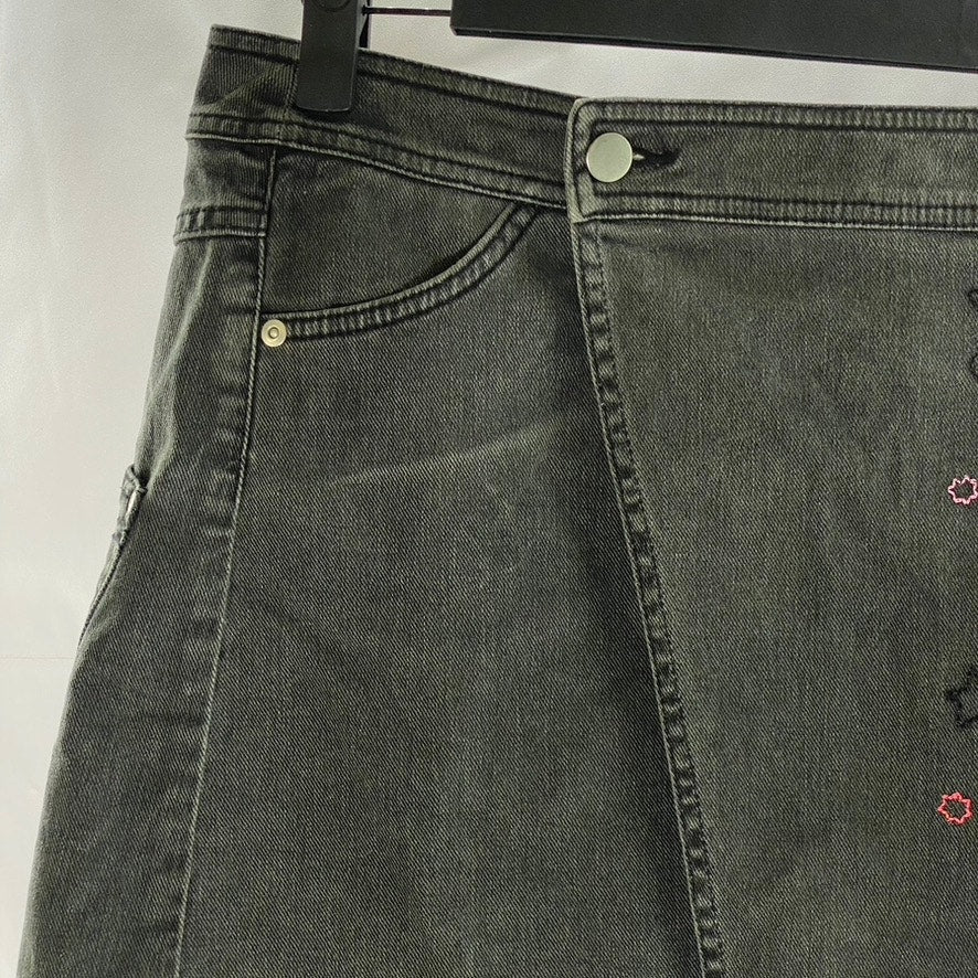H&M Women's Black Denim Embroidered Star-Flower Mini Wrap Skirt SZ 6