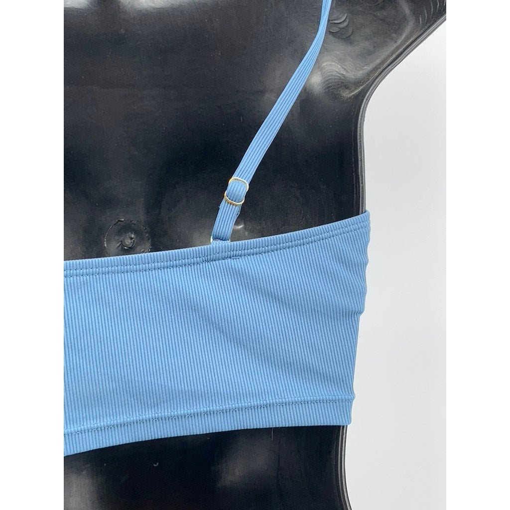 SHADE & SHORE Women's Blue Ribbed Scoop-Neck Cropped Swim Top SZ S