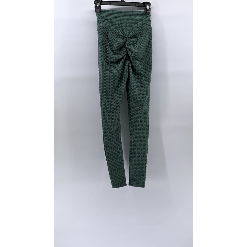FOREVER 21 Women's Forest Green Textured Ruched-Back Pull-On Casual Leggings SZS