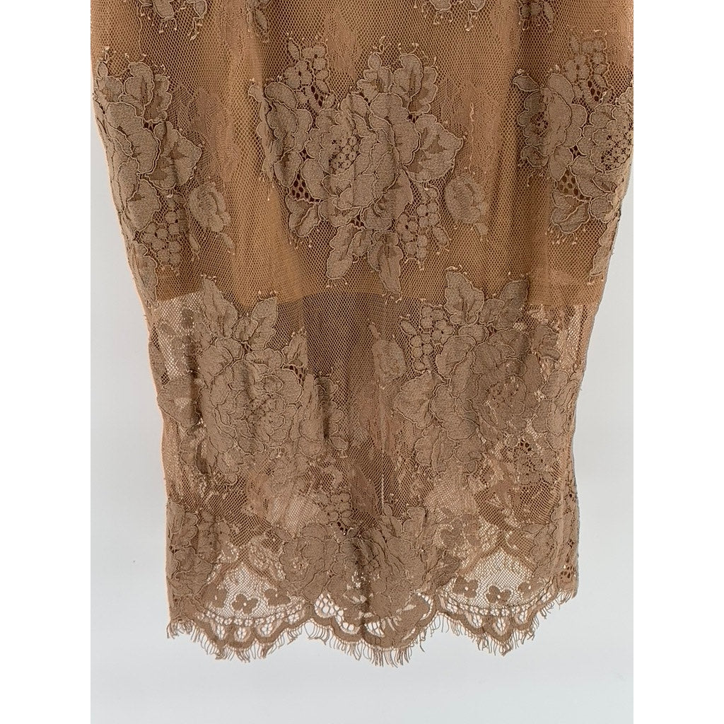 MISHA COLLECTION Women's Tan Lace V-Neck Spaghetti Strap Bodycon Midi Dress SZ 4
