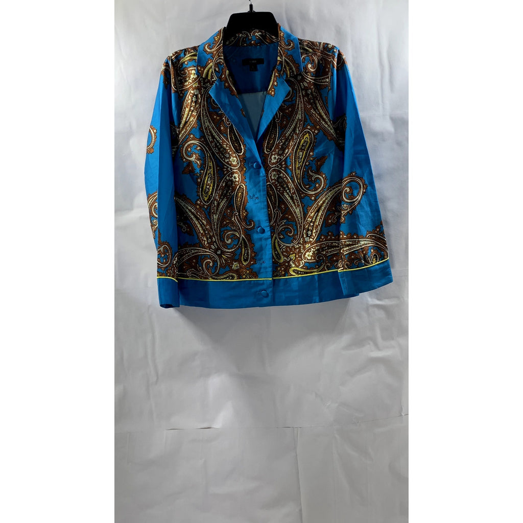 J.CREW Women's Blue-Brown Paisley Print Button-Up Long Sleeve Drapey Top SZ S