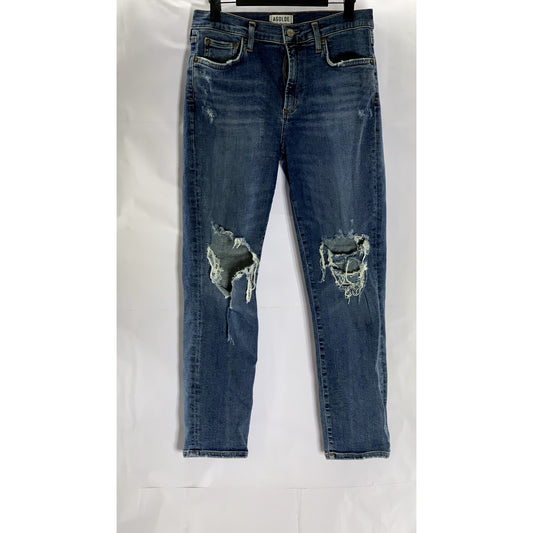AGOLDE Women's Blue Denim Distressed High-Rise Sophie Skinny Cropped Jean SZ 30