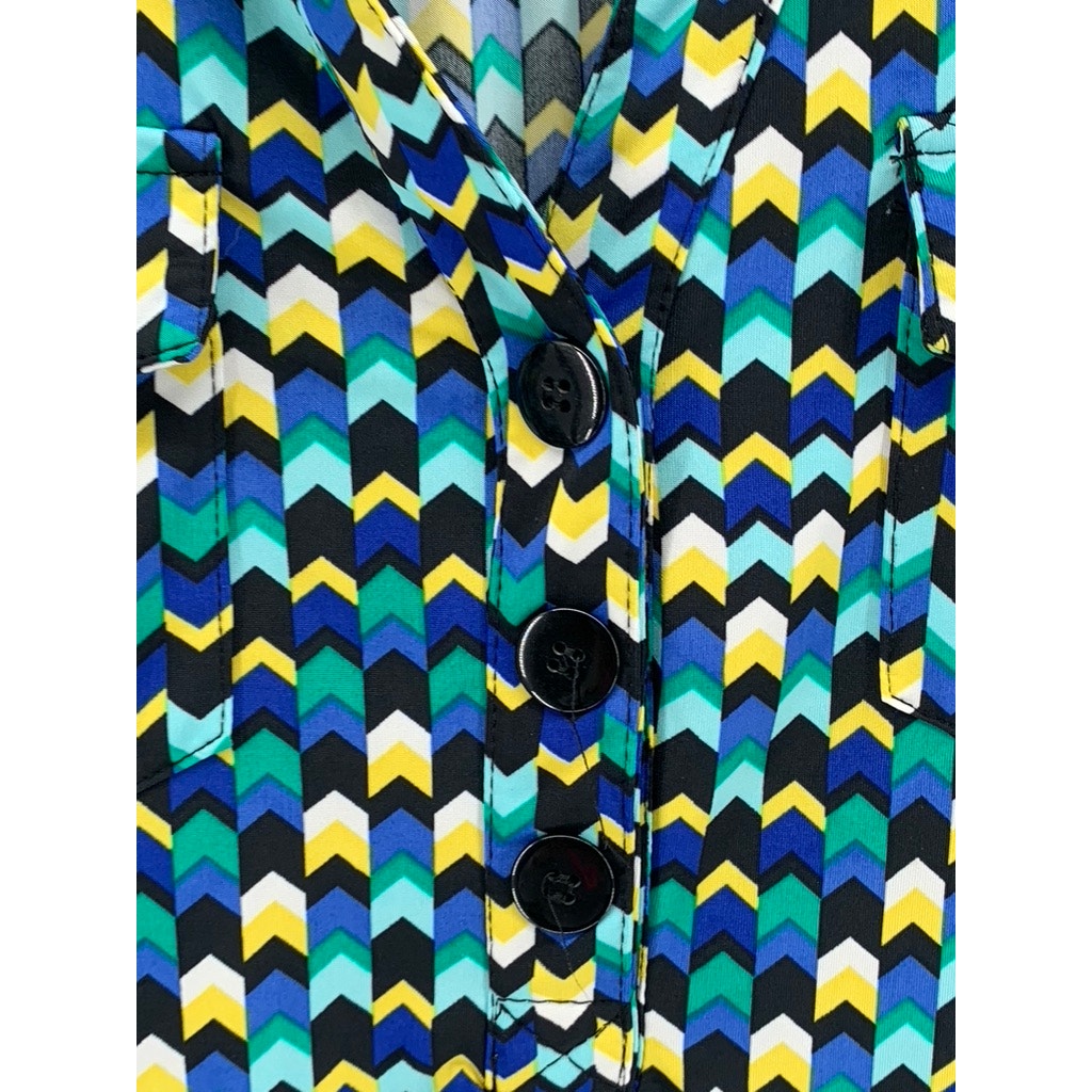 TACERA Women's Blue-Green-Yellow Printed Button-Front Long Sleeve Dress SZ M