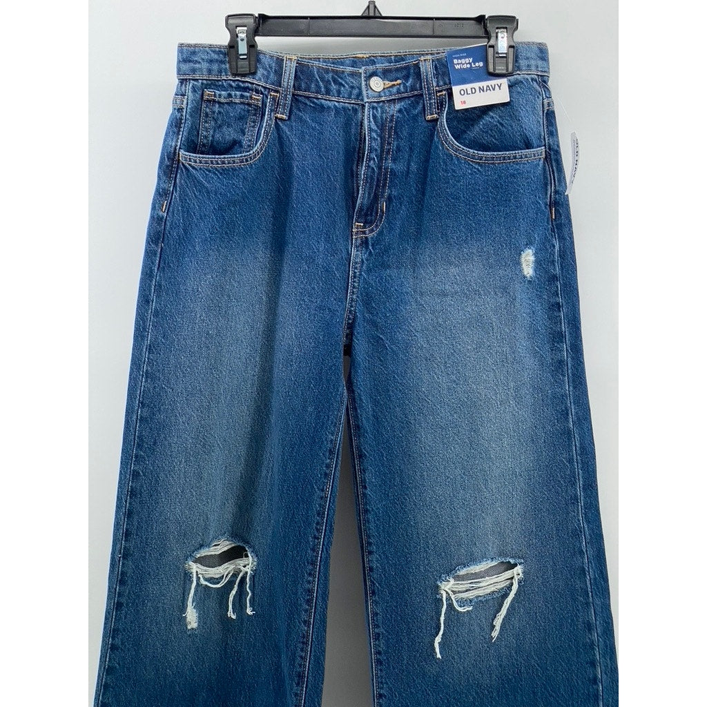 OLD NAVY Women's Dark Blue Distressed Baggy Wide-Leg Five-Pocket Jeans SZ 18