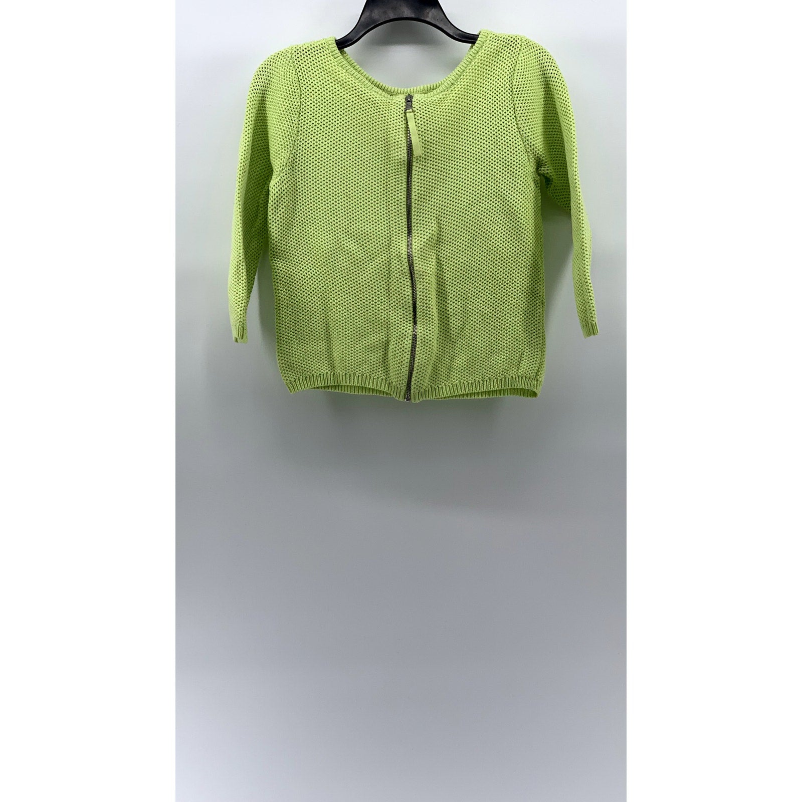PER SE Women's Lime Green Knit Crewneck Zip-Up Long Sleeve Sweater SZ S