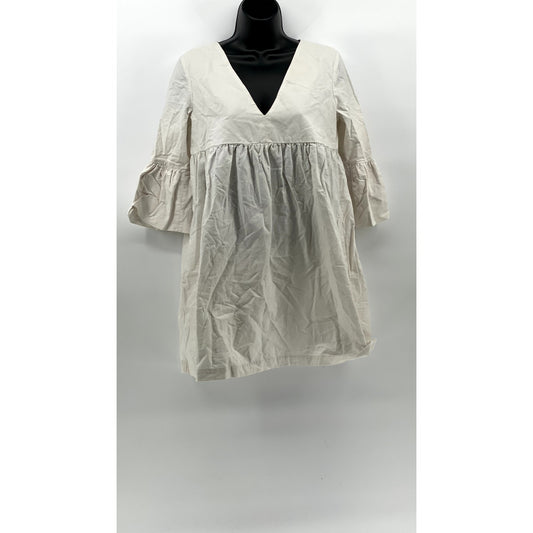 SUNDAY BEST Women's White Solid V-Neck Elbow Bell Sleeve A-Line Mini Dress SZ XS