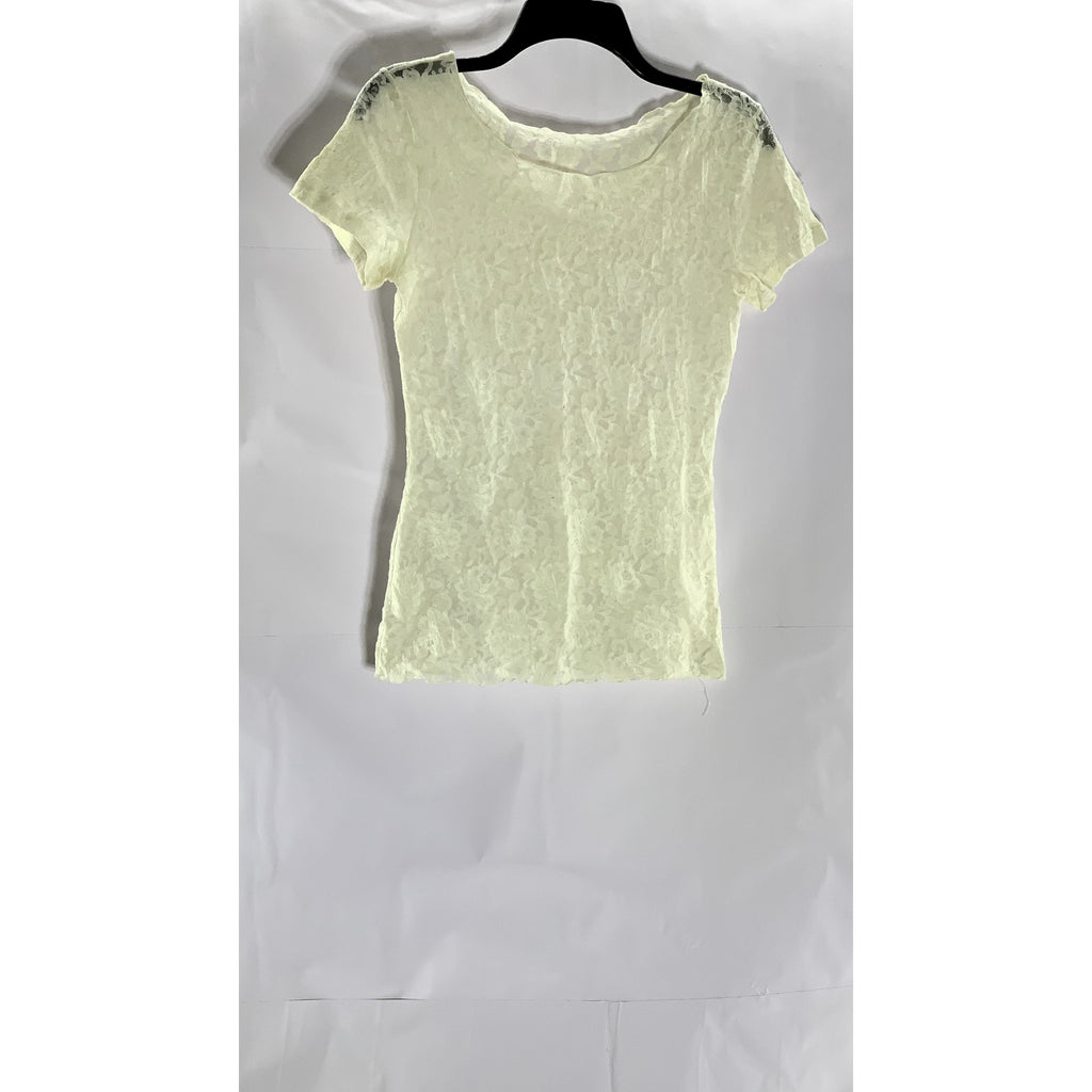 UNBRANDED Women's Cream Lace Floral Scoop-Neck Short Sleeve Top SZ S