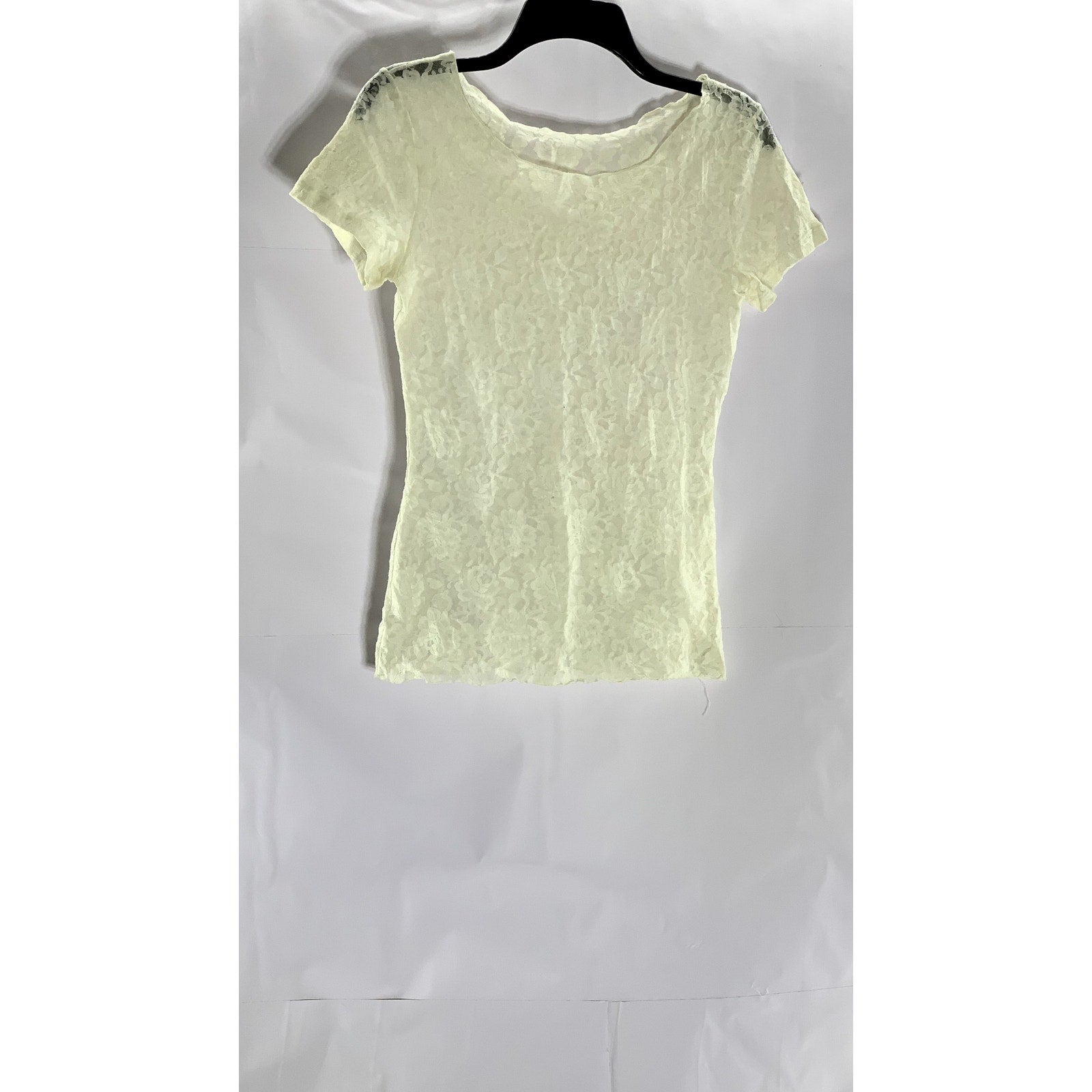 UNBRANDED Women's Cream Lace Floral Scoop-Neck Short Sleeve Top SZ S