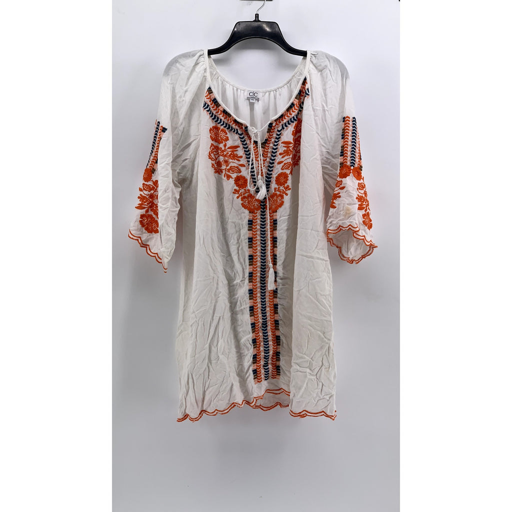 CHIC CONNECTION Women's White-Orange Embroidered Short Sleeve Mini Dress SZ XL