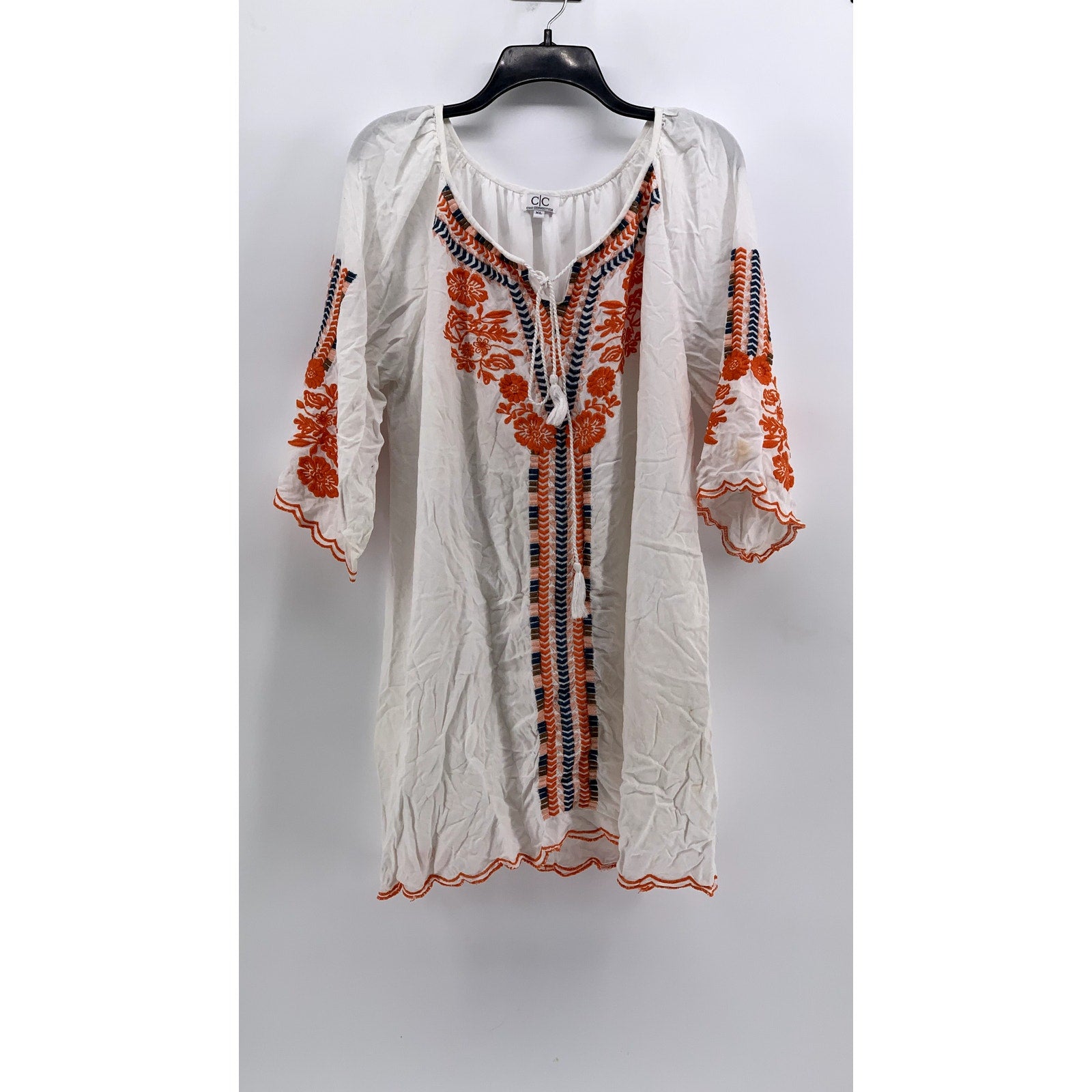 CHIC CONNECTION Women's White-Orange Embroidered Short Sleeve Mini Dress SZ XL